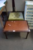 SMALL LEATHER TOP COFFEE TABLE AND AN UPHOLSTERED FOOT STOOL