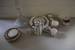 MIXED LOT VARIOUS TEA WARES TO INCLUDE SHELLEY PLUS FURTHER CUT GLASS SHIPS TYPE DECANTER