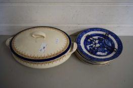 ENGLISH POTTERY TUREEN AND COVER TOGETHER WITH SOME BLUE AND WHITE SIDE PLATES