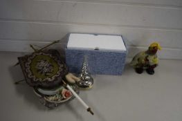 SMALL TAPESTRY SHIELD, GLASS WARES, SMALL CERAMIC DISH ETC