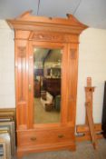 LATE VICTORIAN SATIN WALNUT WARDROBE WITH SINGLE MIRRORED DOOR AND BASE DRAWER, DECORATED WITH