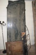 PAIR OF LARGE PAINTED WOODEN DOORS, APPROX 230CM HIGH, TOGETHER WITH FURTHER ARCHED IRON GRATE,