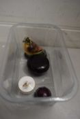 SMALL PLASTIC BOX CONTAINING MINIATURE ROYAL WORCESTER PILL BOX AND COVER, THE COVER PAINTED WITH