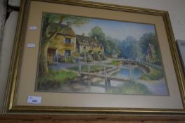 EARLY 20TH CENTURY SCHOOL STUDY OF A VILLAGE SCENE WITH RIVER, WATERCOLOUR, INDISTINCTLY SIGNED,