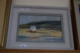 CONTEMPORARY SCHOOL, 'LOW TIDE', OIL ON BOARD, INITIALLED JJ, SET IN A PAINTED FRAME, 42CM WIDE
