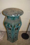 LARGE CHINESE STYLE GREEN GLAZED JARDINIERE STAND OF PIERCED FORM, 76CM HIGH