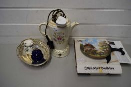 CERAMIC COFFEE PERCOLATOR WITH FLORAL DESIGN, DECORATIVE PLATES, SILVER PLATED TRAY, OTHER ITEMS
