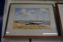 PAM PEPPER, STUDY OF BOATS ON A BEACH, WATERCOLOUR, F/G, 71CM WIDE