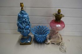 POTTERY BASKET, OIL LAMP ON METAL STAND ETC