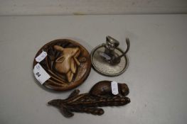 RING TRAY MODELLED AS A CAT, FURTHER WOODEN MODEL OF A DEER