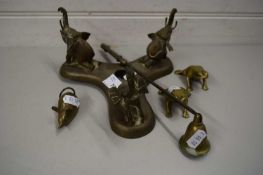 CANDLE SNUFFER AND QUANTITY OF SMALL BRASS ANIMALS ON METAL MOUNT