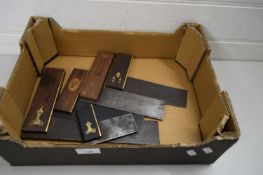BOX CONTAINING CARPENTERS SET SQUARES WITH BRASS INLAY