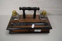 WOODEN DESK SET WITH TWO INKWELLS WITH BRASS COVERS