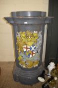 LARGE PAINTED WOODEN PLINTH OR STAND DECORATED WITH A PLASTERWORK HERALDIC CREST, APPROX 145CM HIGH