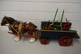 MODEL CART WITH FURTHER HAY RAKE AND A CERAMIC HORSE