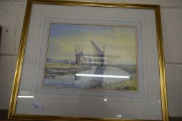 HOWLETT, STUDY OF A WHERRY PASSING A WINDMILL, WATERCOLOUR, GILT FRAMED AND GLAZED, 54CM WIDE