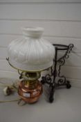 COPPER OIL LAMP WITH WHITE MOULDED SHADE ON METAL MOUNT