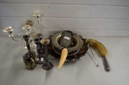 GROUP OF PLATED WARES, CANDLESTICKS, SERVING DISH