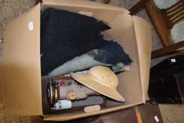 BOX OF MIXED ITEMS TO INCLUDE SINGER SEWING MACHINE, CHINESE HAT, FIRE GRATE AND SHEEPSKIN RUG