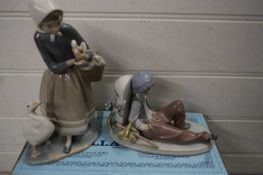 TWO LLADRO MODELS, ONE OF A LADY WITH GEESE, ONE OF A TRAMP (2), ONE WITH ORIGINAL BOX