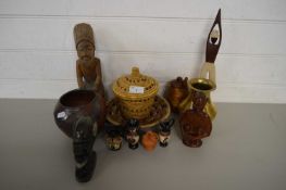 AFRICAN POTTERY WARES, VARIOUS CARVED WOODEN HEADS, SMALL BASKET WEAVE BASKET AND OTHER ITEMS