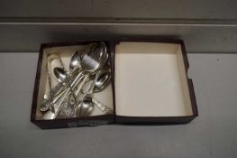 BOX CONTAINING SILVER PLATED SPOONS AND SUGAR TONGS