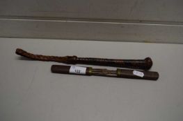 LEATHER CUDGEL AND A TRAVELLING KNIFE AND FORK WITH WOODEN HANDLE