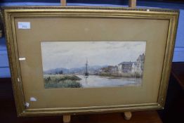 Powell May, River scene with buildings and boat, watercolour, signed and dated 1891, gilt framed and