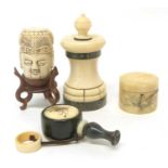 Group of ivories including carved head, small ivory pill box with decoration of lady amongst clouds,