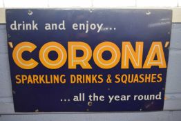 Vintage enamel advertising sign 'Corona sparkling drinks and squashes', 76cm wide