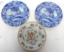 Chinese export style armorial plate by Samson Paris and two 19th century flowblue plates with