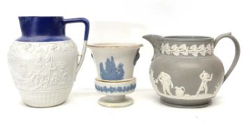 Group of 19th century pottery including a grey jug by Clews with a classical design in relief, and