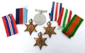Group of WWII medals with ribbons comprising Italy Star, 39-45 Star, Defence medal and France and