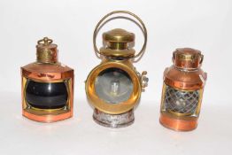 Series of copper lamps, one marked 'Bryer & Sons, late Janet Taylor, 104 Minories, London EC',