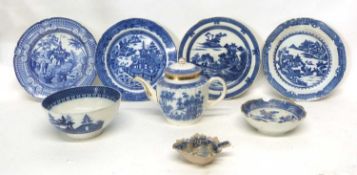 Group of pearlware items including two pearlware plates, further flowblue plates, pearlware tea pot,