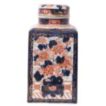 Japanese porcelain square section jar and cover with typical Imari design, 23cm high