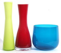 Lemon glass tall vase, red vase & blue glass bowl (3)