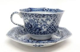 octagonal blue and white Chinese porcelain cup and saucer decorated in Kangxi style