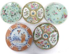 Group of Chinese porcelain plates including two Cantonese plates, celadon ground decorated with