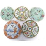 Group of Chinese porcelain plates including two Cantonese plates, celadon ground decorated with