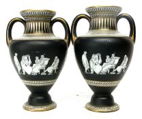 Pair of 19th century vases in Samuel Alcock style with classical figures on a black ground (2)