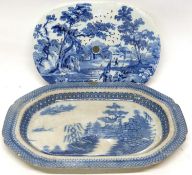 Davenport flowblue strainer and further large pearlware dish (2)