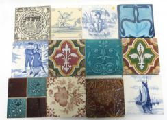 Box containing quantity of 19th century ceramic tiles of various designs and makers (18)