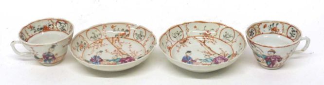 Pair of 18th century Chinese porcelain cups and saucers, both with polychrome designs of figures