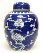 Large Chinese porcelain ginger jar and cover, the blue ground with prunus decoration