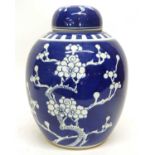 Large Chinese porcelain ginger jar and cover, the blue ground with prunus decoration