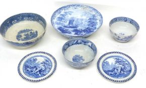 Group of 19th century flowblue wares including a Wedgwood tazza decorated with a sampan, and other