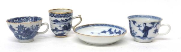 Group of Chinese porcelain cups and saucers, one 18th century, with gilt rim and highlights (4)