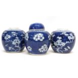 Group of three Chinese porcelain ginger jars, one with matching cover, all decorated with prunus