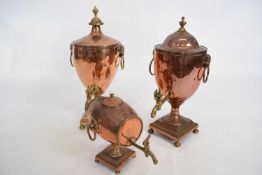 Mixed Lot comprising two similar 19th century copper samovars with brass rams head and ringlet